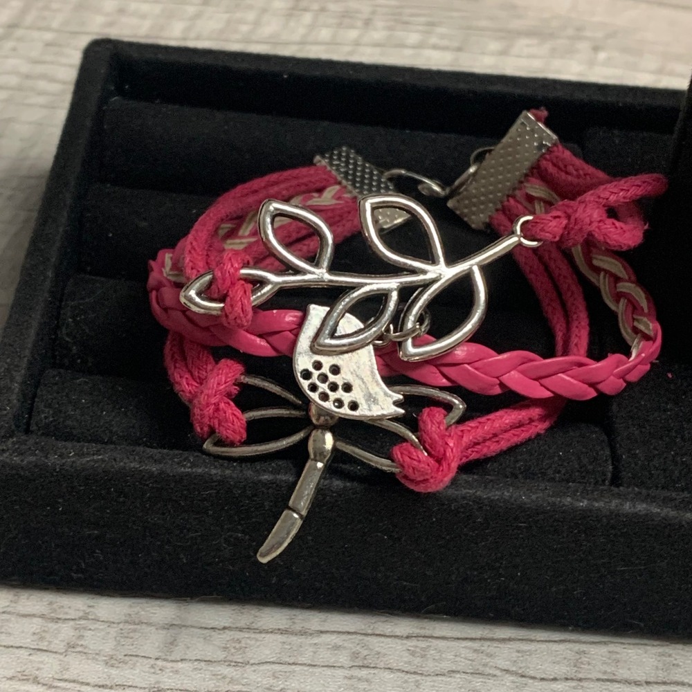 Pink Multi Strand Wrap Bracelet Dragonfly Bird Leaf Charms Boho Style 6 Inch
